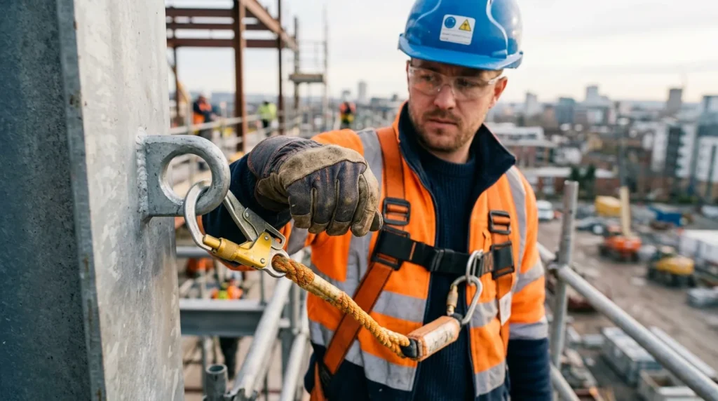 Worker's gloved hands clipping a fall-arrest harness carabiner to a secure anchor point at height.