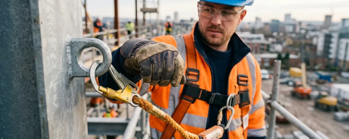 Worker's gloved hands clipping a fall-arrest harness carabiner to a secure anchor point at height.
