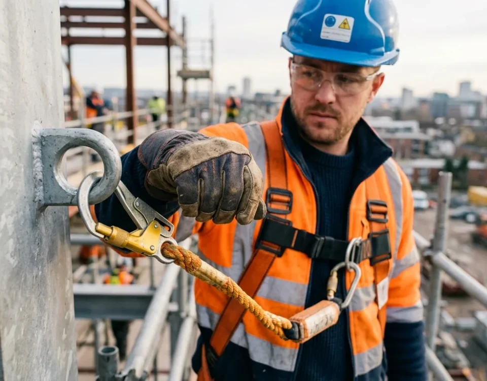 Worker's gloved hands clipping a fall-arrest harness carabiner to a secure anchor point at height.