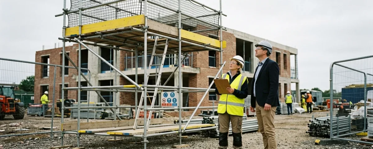 Safety inspector and site manager reviewing scaffolding together during a construction site compliance check