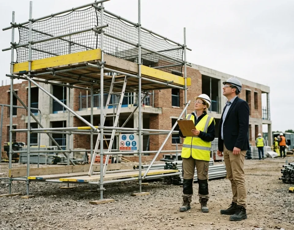 Safety inspector and site manager reviewing scaffolding together during a construction site compliance check