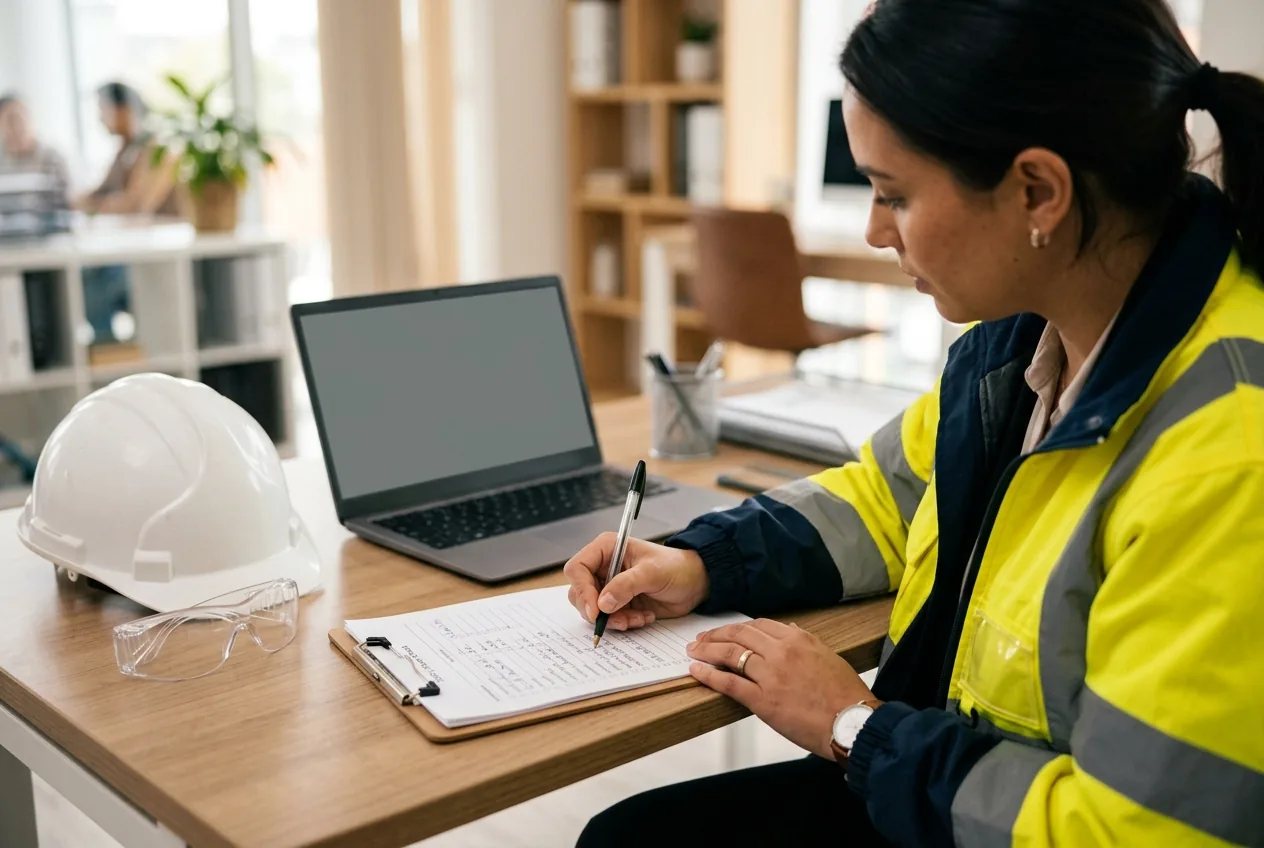 Safety officer completing a compliance form at an office desk with a hard hat nearby