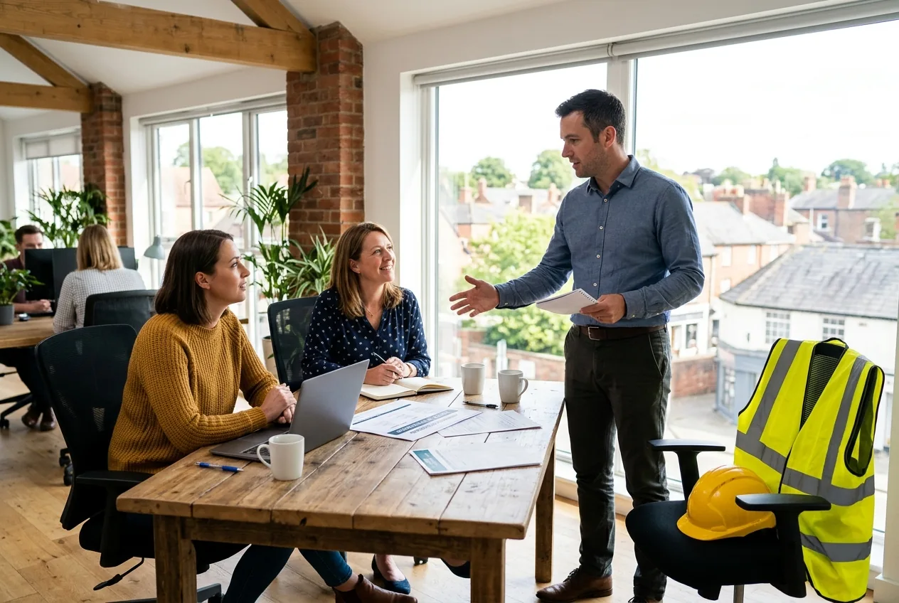 Three colleagues discussing workplace health and safety planning around a table in a bright office